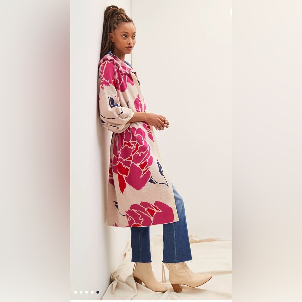 Anthropologie Bel Kazan Floral Gingham Removable Collared Duster Cardigan - Picture 6 of 15